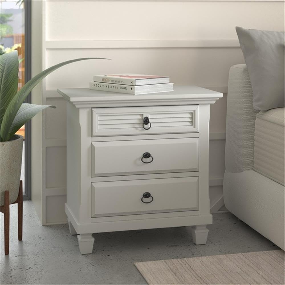 Home Square 3-Drawer Wood Nightstand Set in White (Set of 2) - Modern Bedside Table for Bedroom, Living Room & Guest Room - Compact Storage Solution with Smooth Gliding Drawers