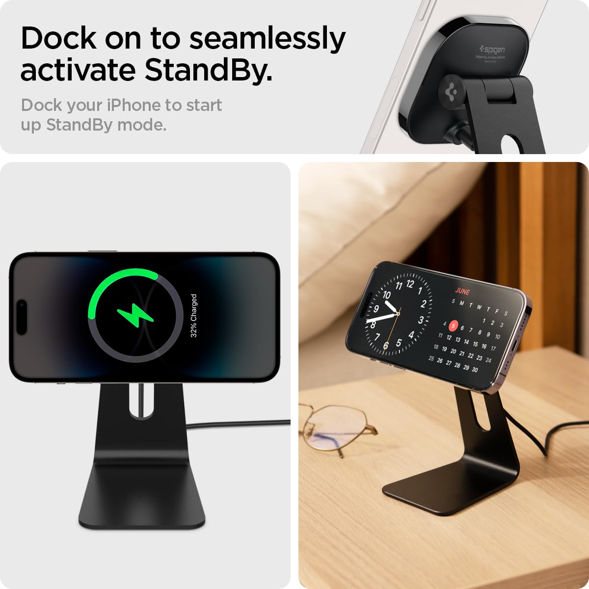 Spigen OneTap Pro MagFit Wireless Charger Stand for iPhone 16/15/14/13/12 & AirPods Pro 3 - Magsafe Compatible Fast Charging with iOS 17 StandBy Mode (Black) - Perfect for Home, Office & Nightstand Charging