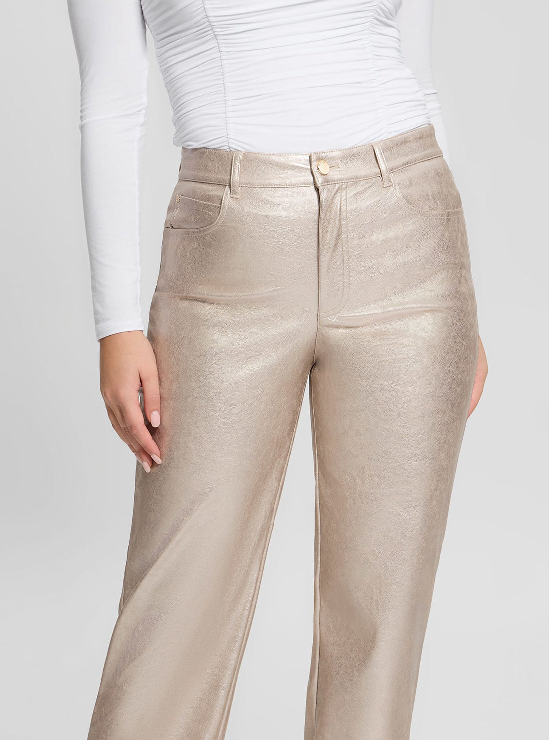 Beige Ambra Metallic High-Waisted Pants for Women - Trendy Shiny Office & Party Trousers - Perfect for Work, Night Out and Special Occasions