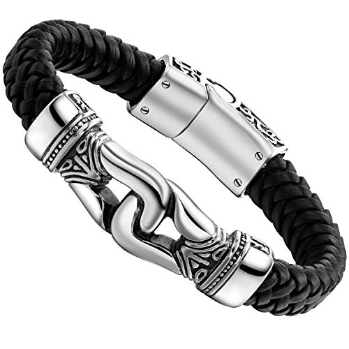 Black Genuine Leather & Silver Bracelet