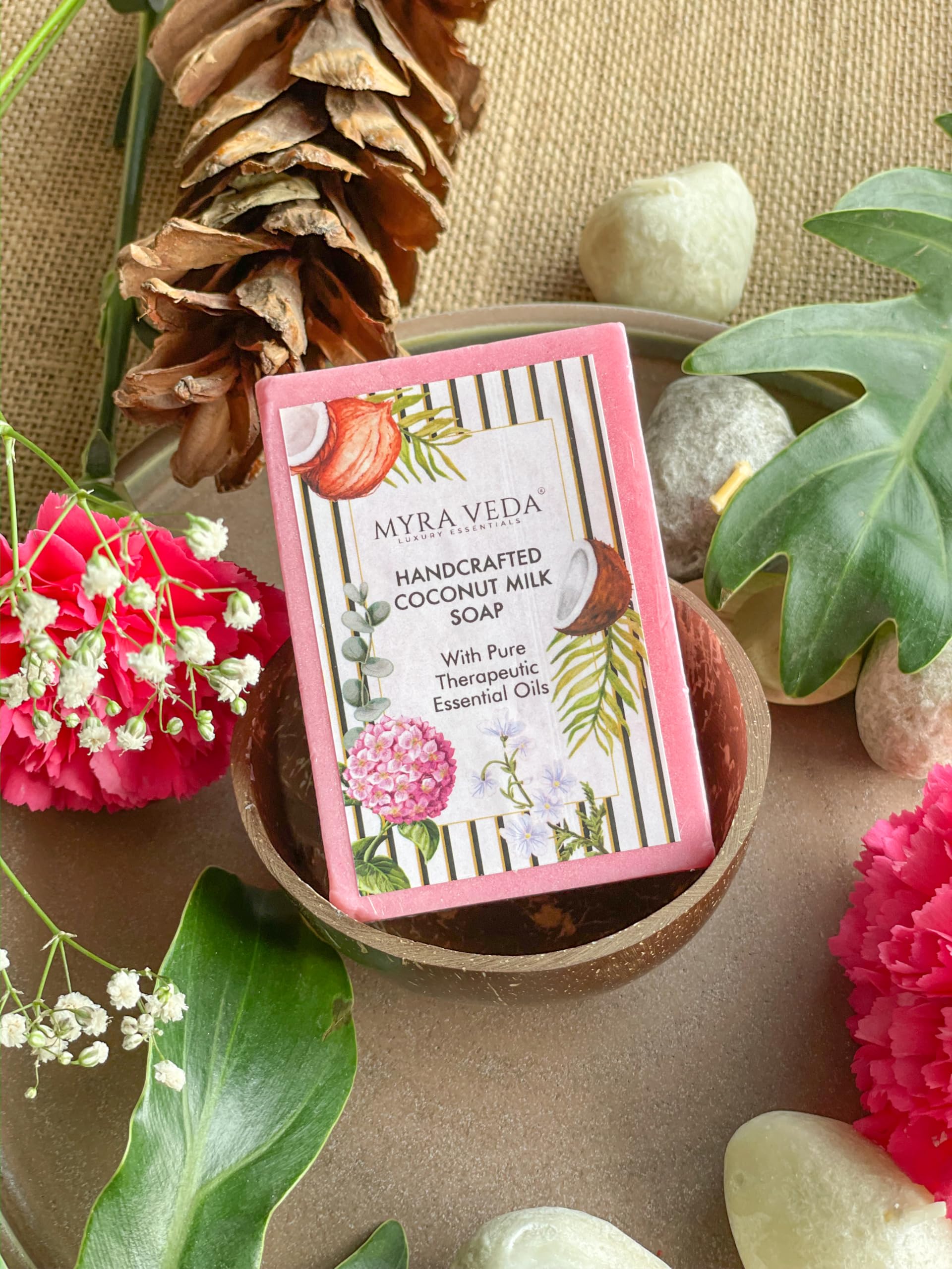 Myra Veda Organic Coconut Milk Bath Soap for Women & Men - 100% Natural, Chemical-Free Handmade Soap with Therapeutic Essential Oils for Dry & Glowing Skin - 100g | Perfect for Relaxing Baths, Spa Days & Gentle Skin Care