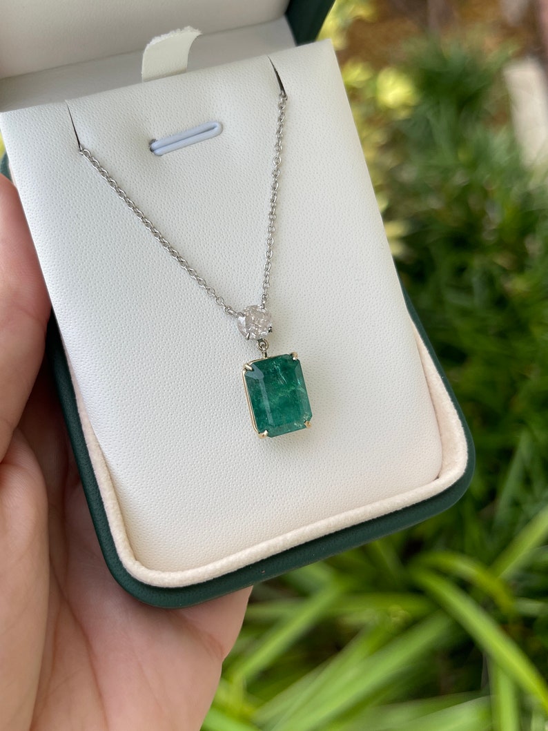 10.57tcw 14K Gold Emerald & Diamond Two Stone Dangle Stationary Necklace for Women - Elegant Jewelry Gift for Birthday, Anniversary & Special Occasions