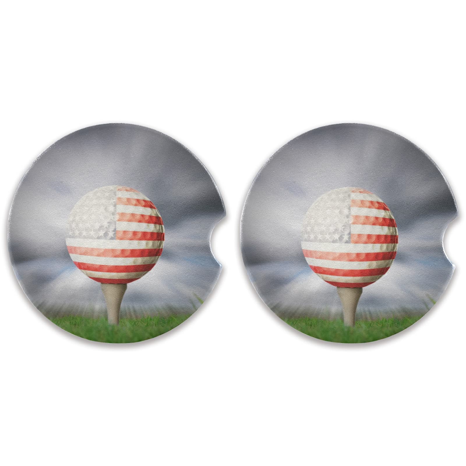 2 Pack American Flag Car Coasters - Absorbent Ceramic Cup Holder Coasters for Golf Carts & Vehicles (2.56in) - Perfect Drink Accessories for Men & Women | Great for Road Trips, Commuting & Tailgating