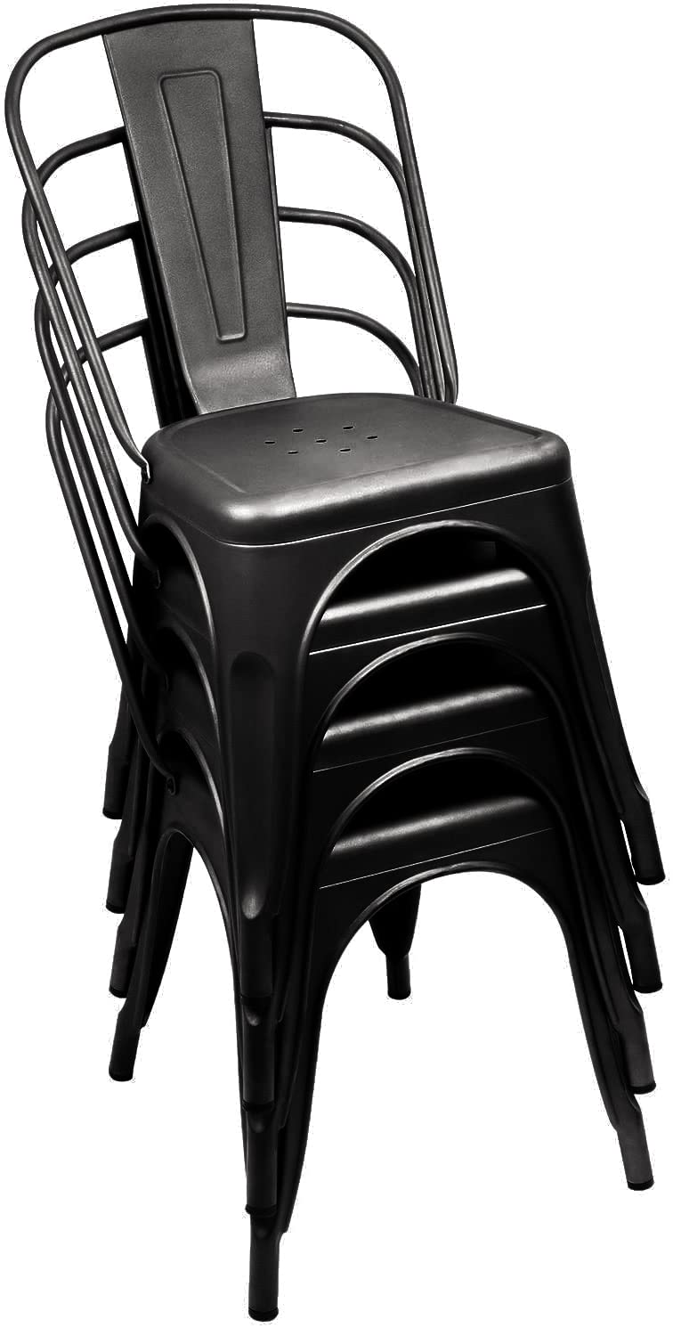 **Furniwell 4-Pack Stackable Metal Dining Chairs - Indoor & Outdoor Use, Industrial Tolix Style for Kitchen, Dining Room, Bistro, Cafe - Perfect for Home, Restaurant & Patio (Black)**