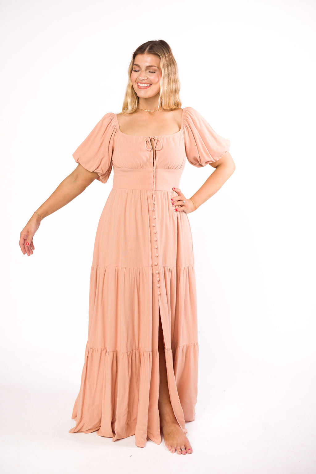 Genevieve Tiered Maxi Dress in Peach Clay - Flowy Summer Dress for Women, Beach Wedding Guest Outfit, Boho Chic Fashion