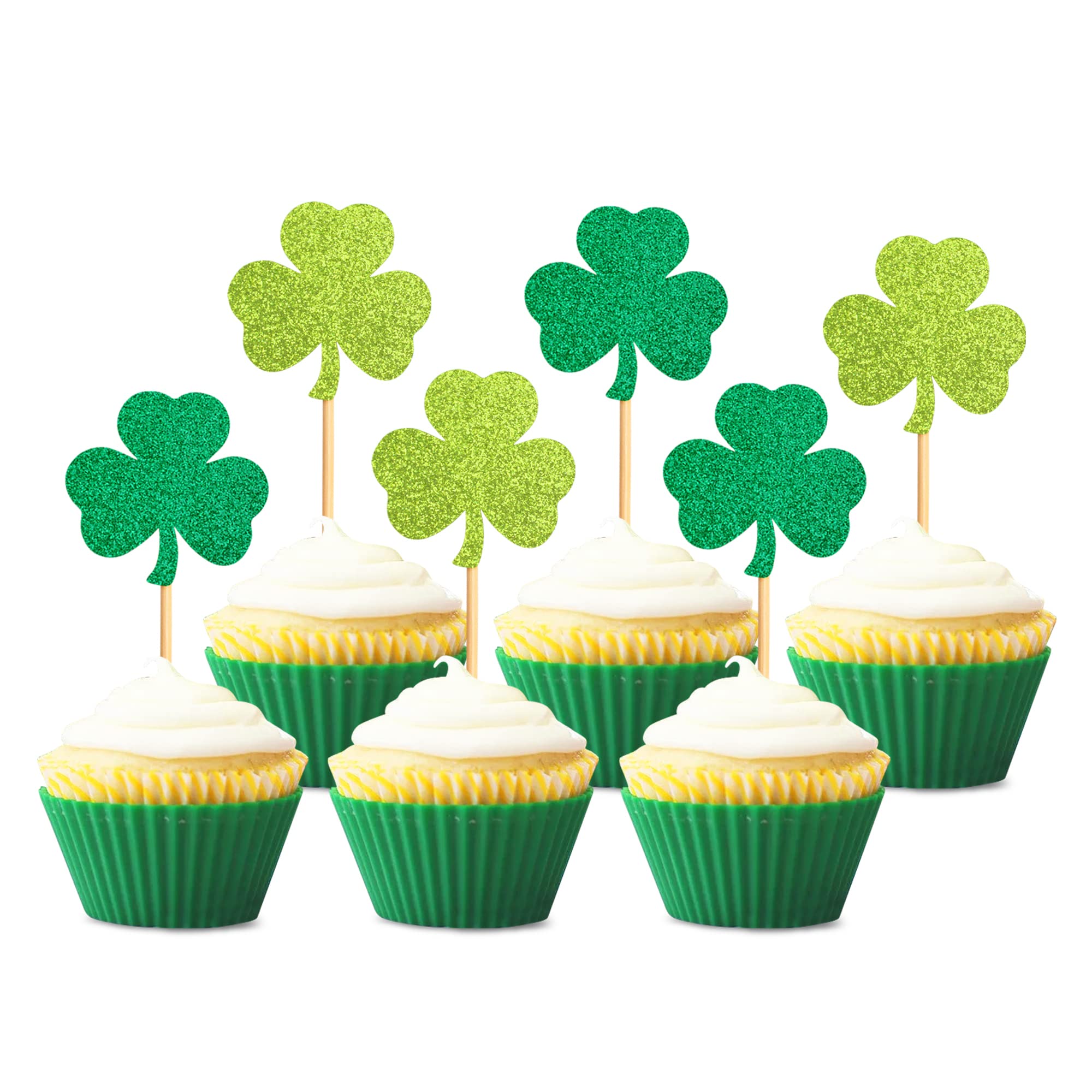 36 PCS Green Glitter Shamrock Cupcake Toppers - Three Leaf Clover Decorations for St. Patrick's Day, Birthday Party, Baby Shower & Wedding - Perfect for Cake Decor, Dessert Display and Festive Celebrations (36 Pieces)