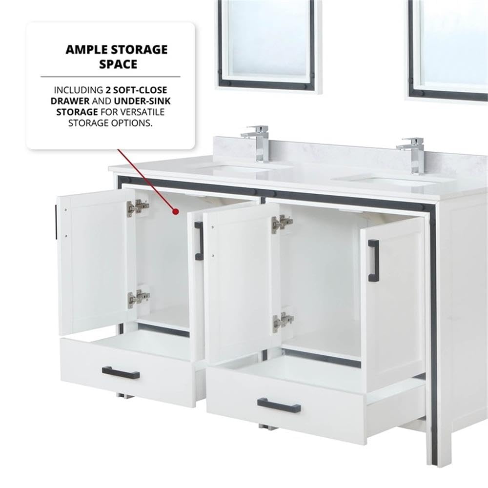 Ziva 60 Inch White Double Bathroom Vanity with Cultured Marble Top & 22 Inch Mirrors - Modern Bathroom Storage Solution for Master Bath or Guest Bath Remodel