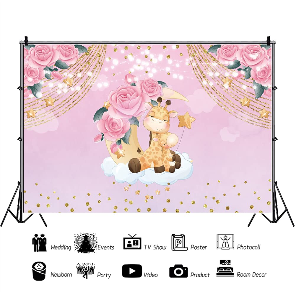 Leowefowa 2.2x1.5m Pink Floral Giraffe Moon Stars Baby Shower Backdrop - 1st Birthday Photography Background for Newborn Cake Smash, Kids Photo Shoot & Party Decor | Perfect for Baby Showers, Birthday Parties & Studio Props