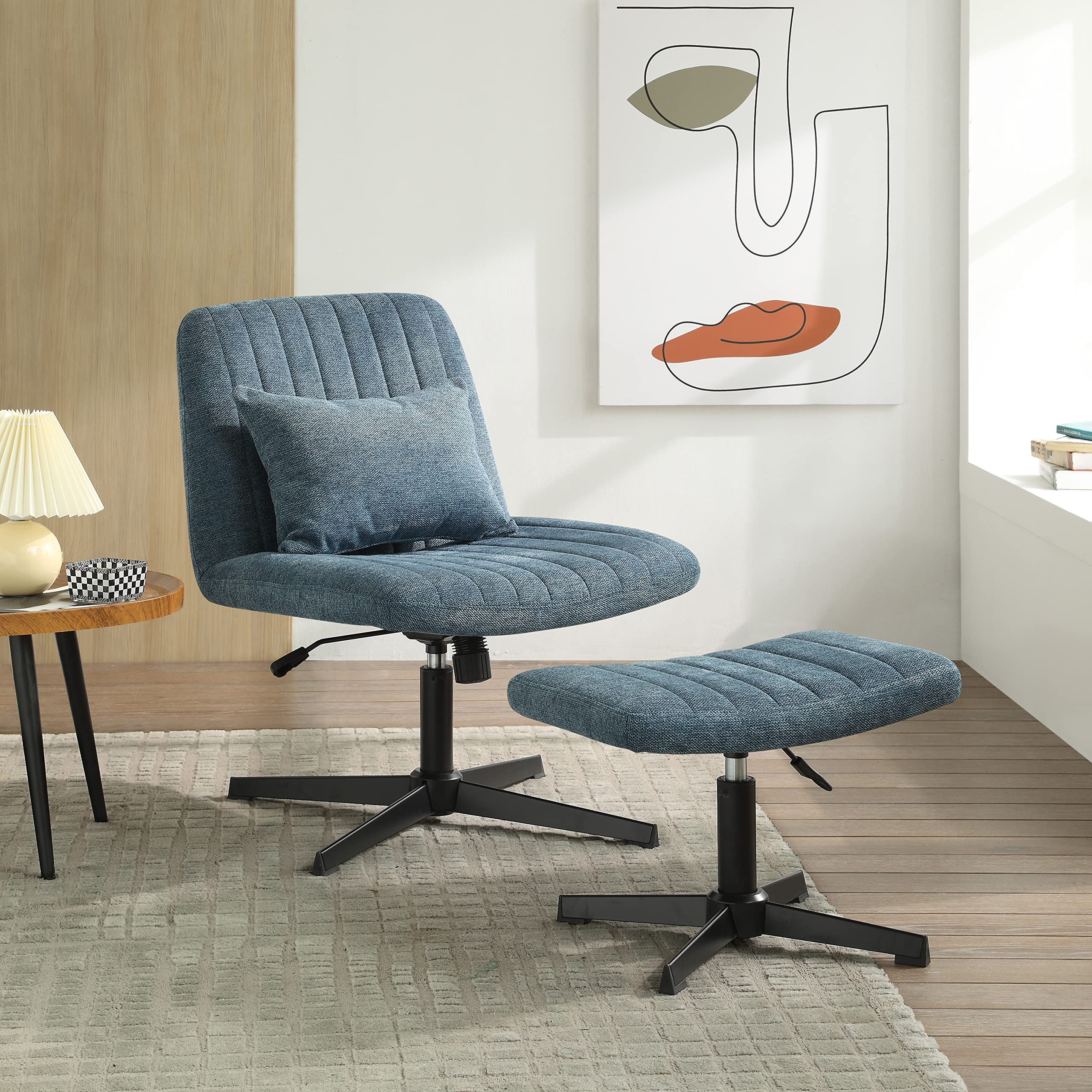 Zouron 360° Swivel Velvet Accent Chair with Ottoman - Adjustable Height Modern Tufted Wingback Club Chair, Upholstered Leisure Chair with Black Metal Legs for Office, Bedroom & Living Room - Perfect for Reading Nooks, Home Theaters and Cozy Conversation Areas (Blue)