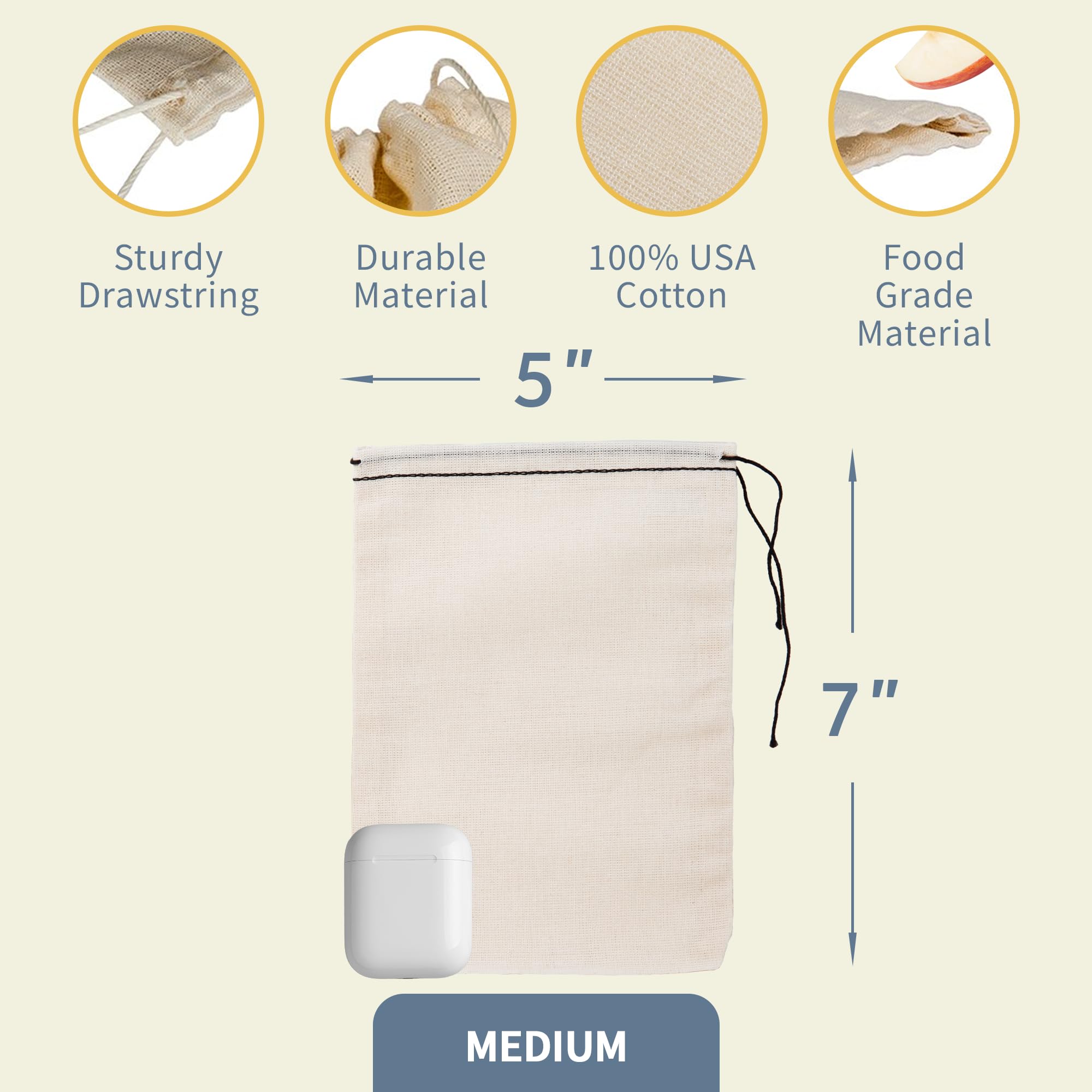 Premium 100% Cotton Muslin Drawstring Bags - 5x7 Inch Reusable Tea Bags, Jewelry Pouches & Spice Sachets (Pack of 100) - Made in USA with Black Hem - Perfect for DIY Gifts, Wedding Favors & Herbal Blends