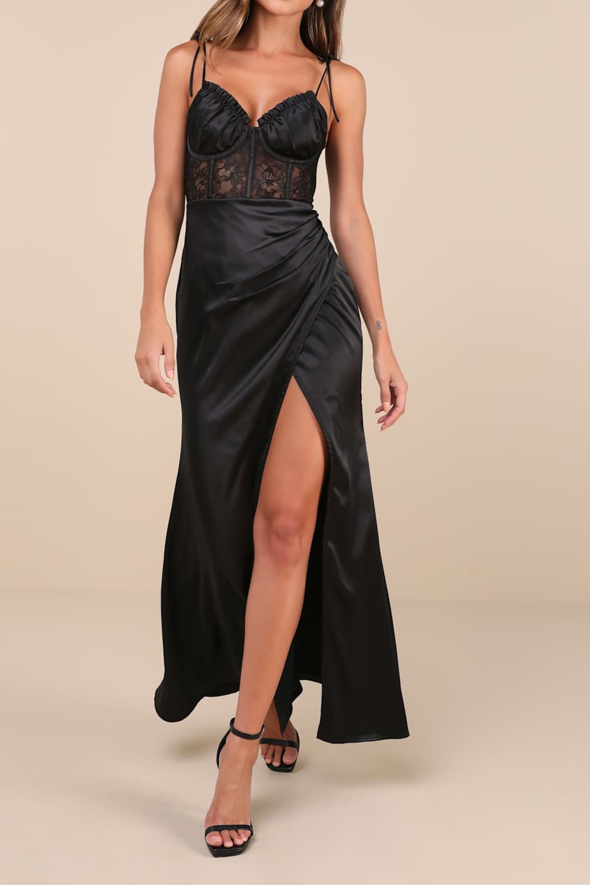 Elegant Black Satin Lace Tie Strap Bustier Maxi Dress for Women - Perfect for Evening Parties, Weddings & Special Occasions