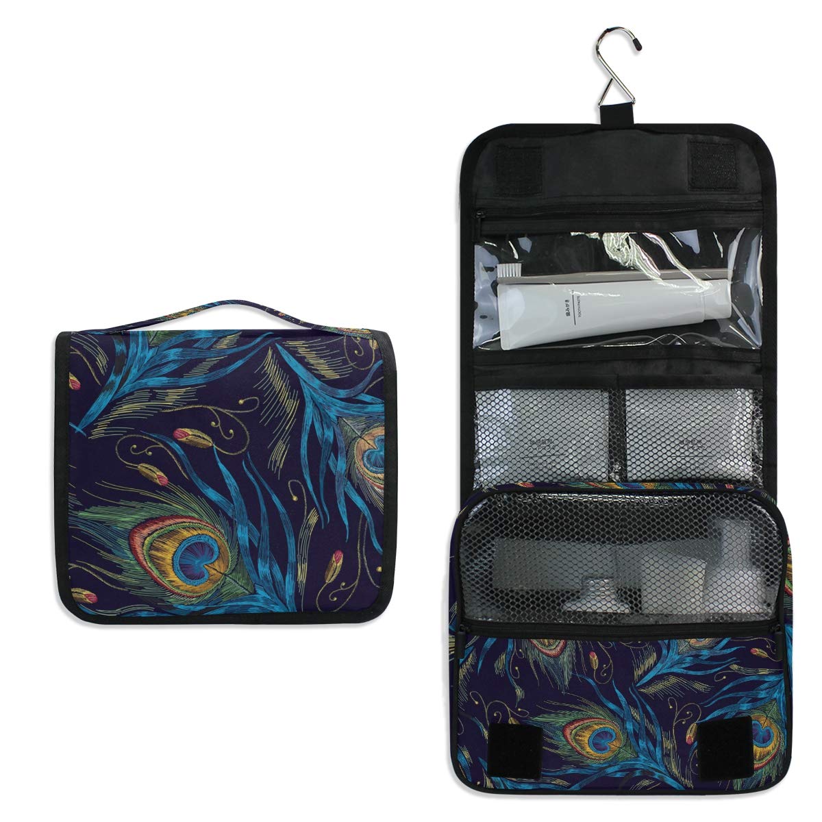 AGONA Hanging Toiletry Bag for Women - Peacock Feather Design Travel Cosmetic Organizer with Sturdy Hook | Portable Makeup Pouch for Bathroom, Gym, Camping & Vacation Essentials Storage