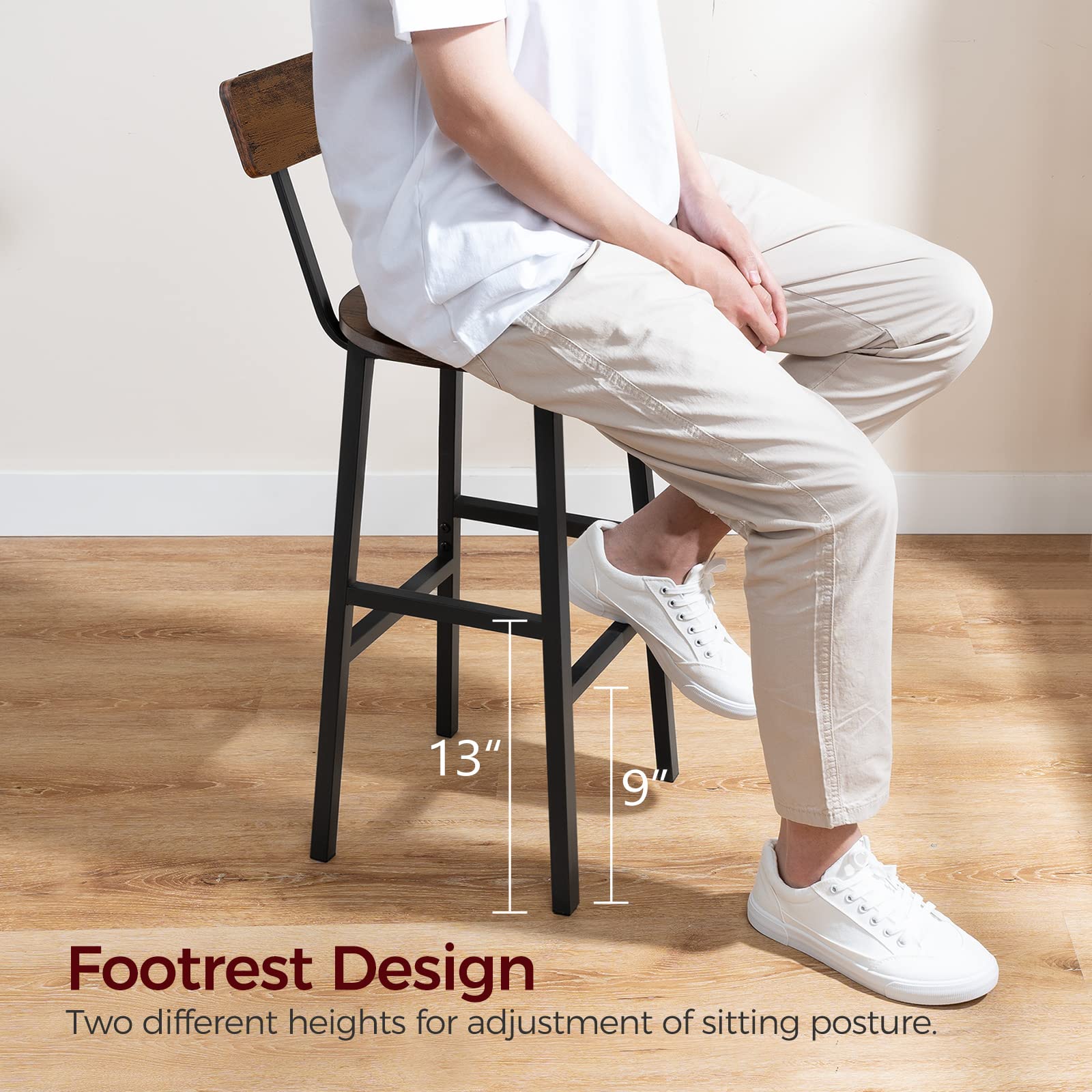 Set of 2 Rustic Brown Bar Stools with Back & Footrest - 24.4 Inch Round Counter Height Stools for Kitchen, Dining Room, Bar - Perfect for Breakfast Nooks, Home Bars & Kitchen Islands
