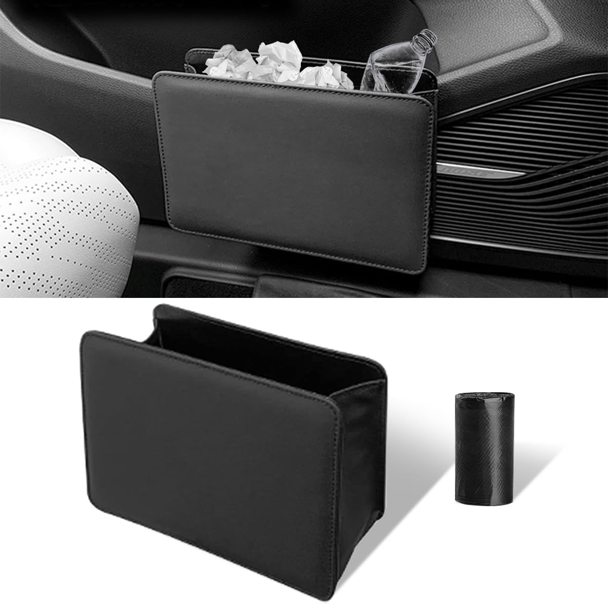 Premium Car Trash Can - Auto Leather Garbage Bin Organizer with Trash Bags | Foldable Mini Dustbin Storage for Car, SUV & Travel | Multi-Function Vehicle Waste Container (Black) - Keep Your Car Clean on Road Trips & Daily Commutes