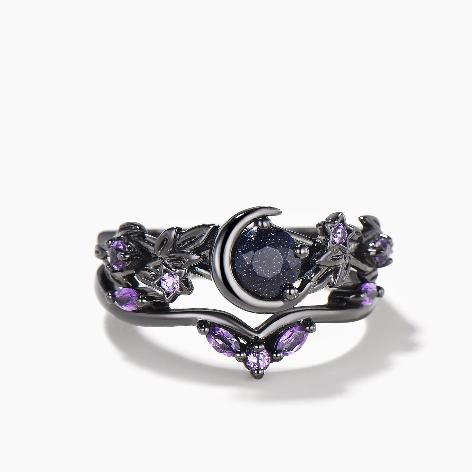 Round Blue Sandstone Moon Wedding Ring Set with Amethyst & Black Gold Leaf - Elegant Bridal Jewelry for Engagement, Anniversary & Romantic Occasions