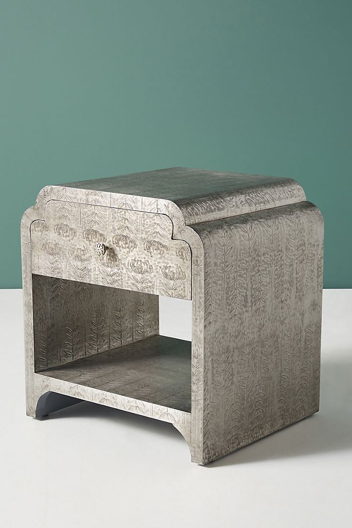 Handmade Silver Metal Bedside Nightstand with Drawer and Shelf - Modern Indian Furniture for Bedroom, Living Room & Office
