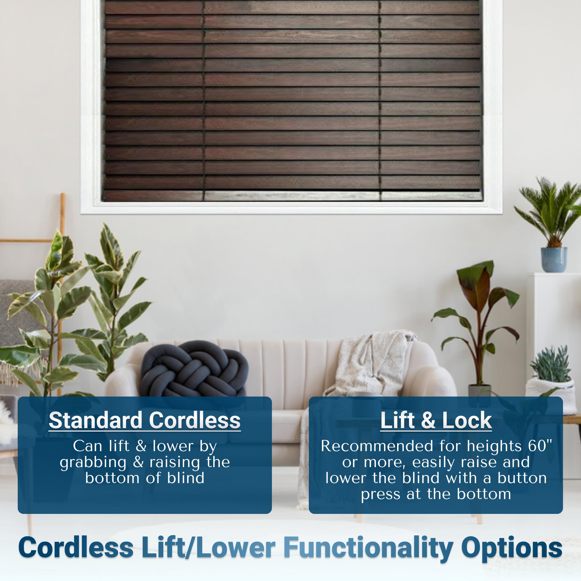 Customizable Wood Horizontal Cordless Window Blinds - 2 Inch Slats in Walnut (Medium-Dark Brown) - Inside or Outside Mount - Perfect for Living Room, Bedroom & Home Office Privacy & Light Control