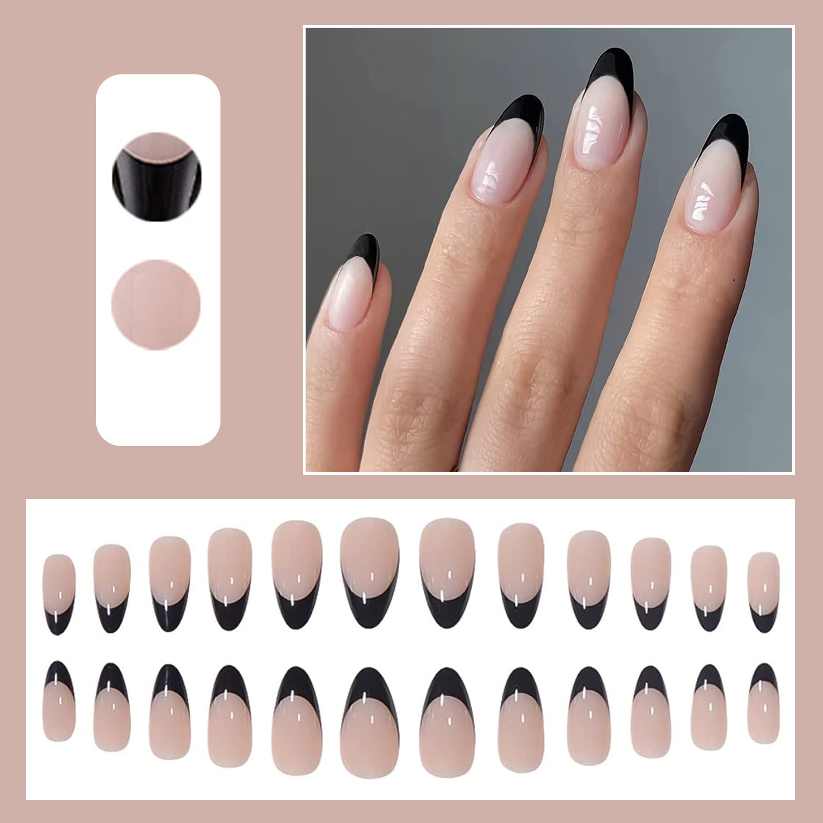 24Pcs Short Almond Fake Nails - Black French False Nails with Nail Glue, Oval Press on Nails for Women & Girls | Nude French Tips, Full Cover Stick on Nails for Daily Wear, Parties & Special Occasions