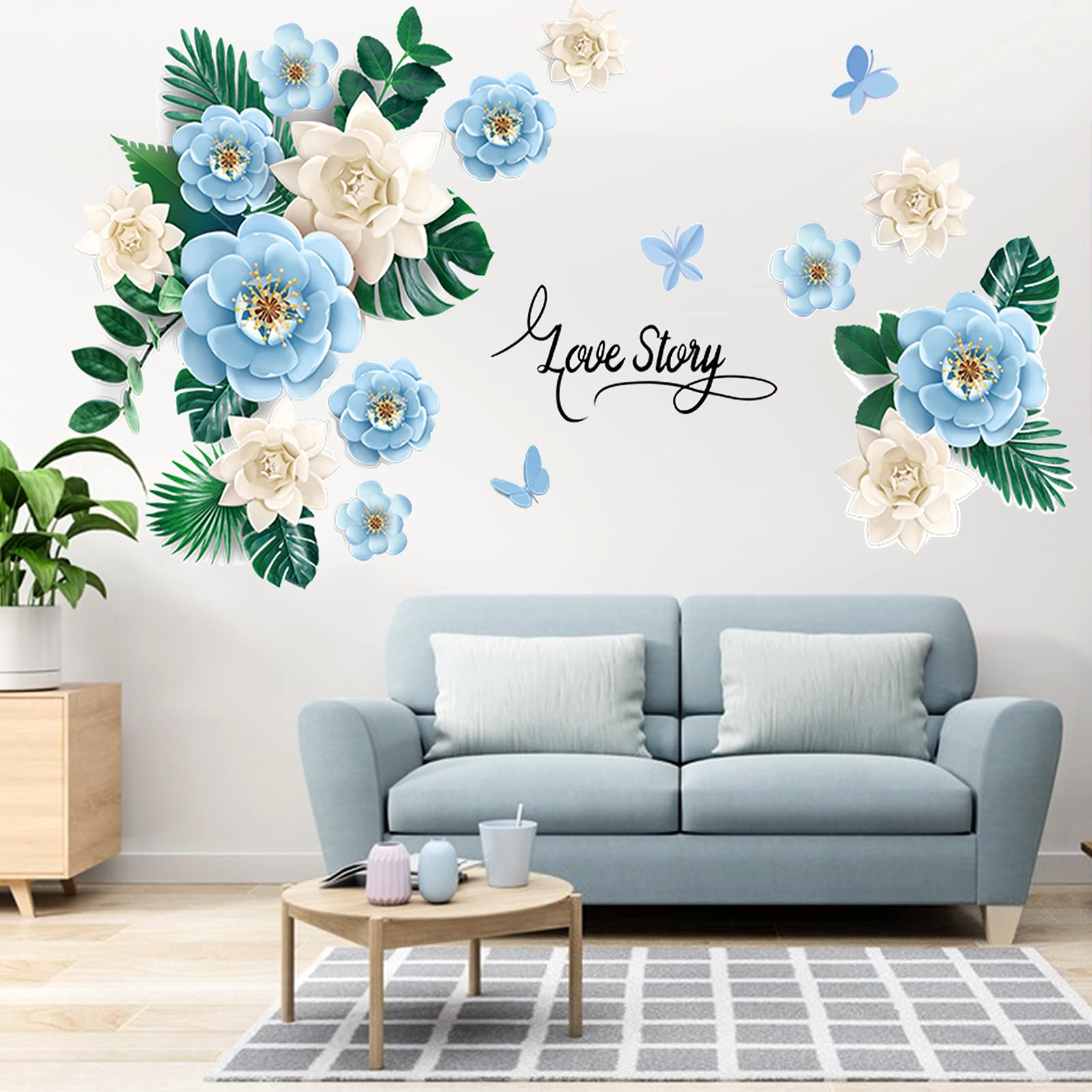 YOCOMEY 3D Trendy Peony Flower Wall Sticker - Removable Watercolor Floral Wall Decal, Peel and Stick Blooming Peony Wall Decor for Bedroom, Living Room, Nursery (Blue) | Perfect for Home Decor, Wedding Backdrops & DIY Room Makeovers