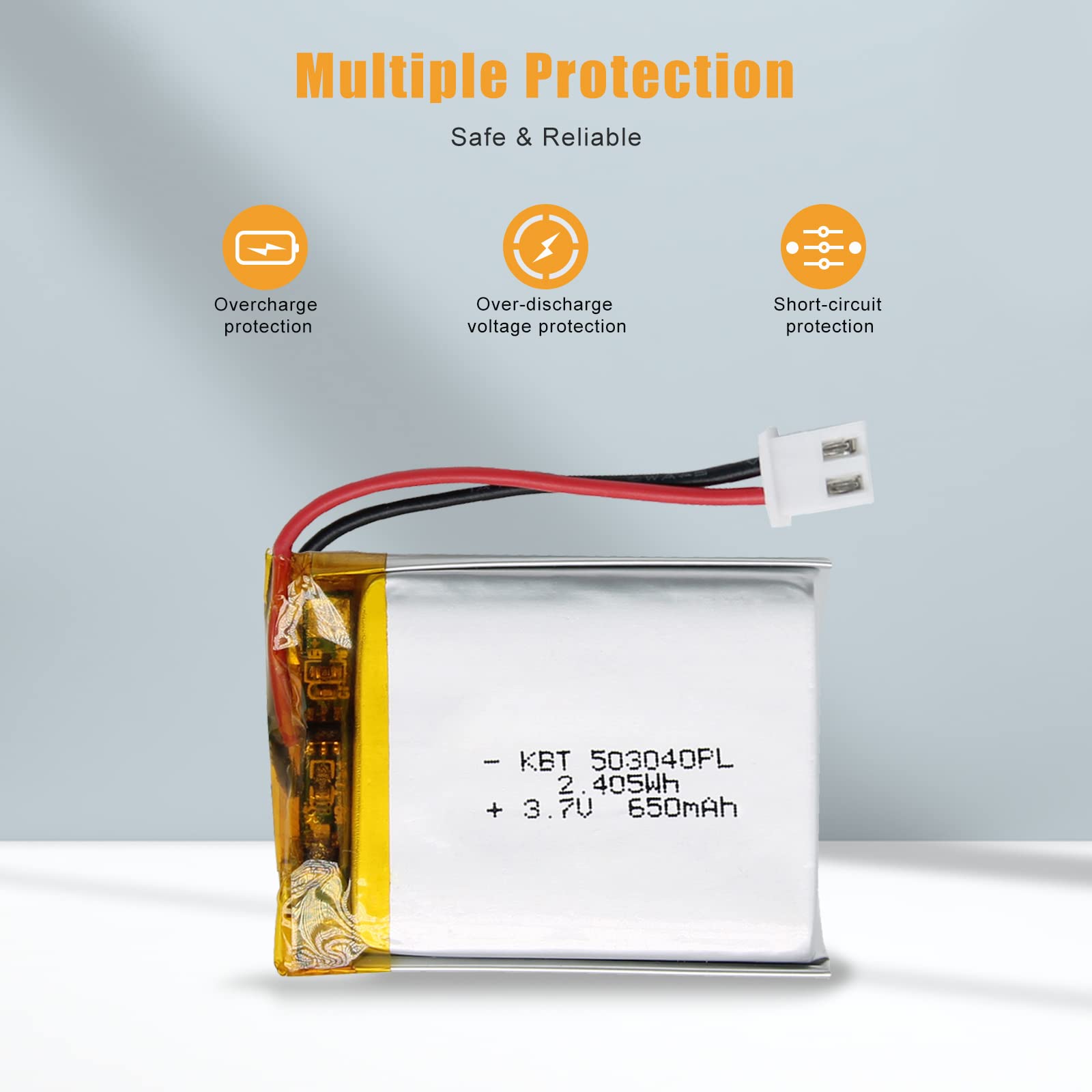 KBT 3.7V 650mAh 503040 Li-Polymer Rechargeable Battery with JST Connector - Perfect for RC Drones, DIY Electronics & Portable Devices