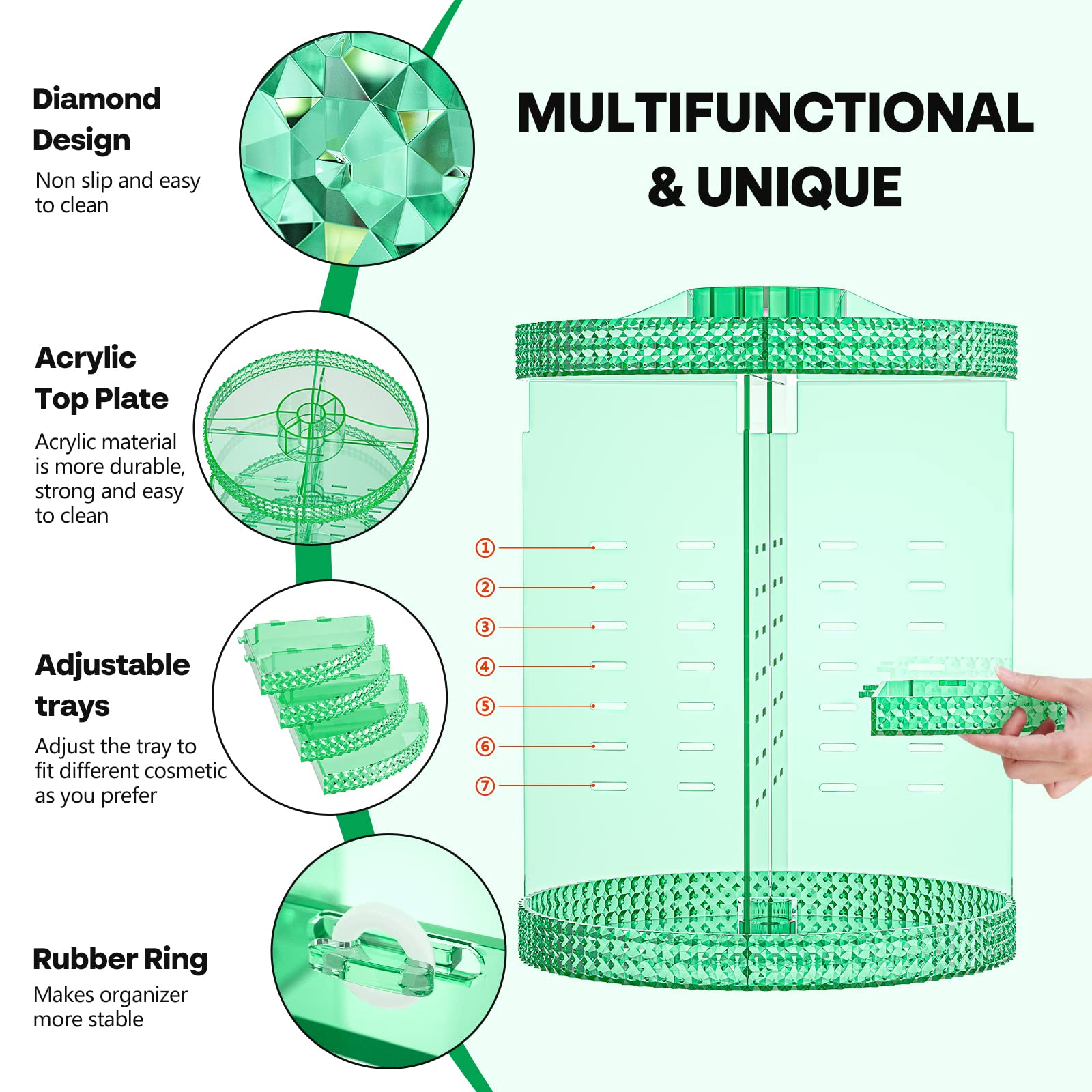 360 Degree Rotating Makeup Organizer - Extra Large Capacity 7-Layer Cosmetic Storage with Removable DIY Trays | Acrylic Vanity Organizer for Perfume, Lipstick & Beauty Products | Perfect for Bathroom Countertop, Dressing Table & Bedroom Decor (Green)