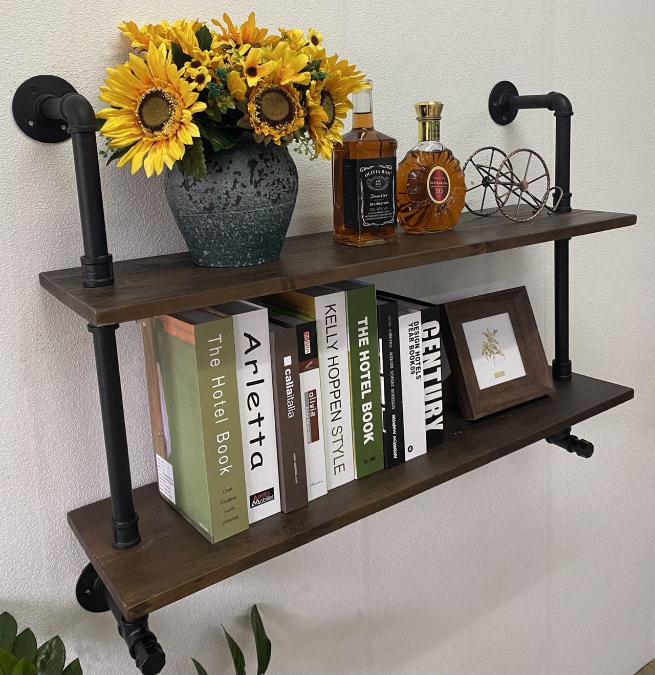 Industrial Pipe Wall Shelves with Real Wood Plank - 36 Inch Floating Shelves for Farmhouse, Kitchen & Living Room Decor - Rustic Dark Brown 2-Tier Pipe Bookcase - Perfect for Home Office, Bar Shelving & Display Storage