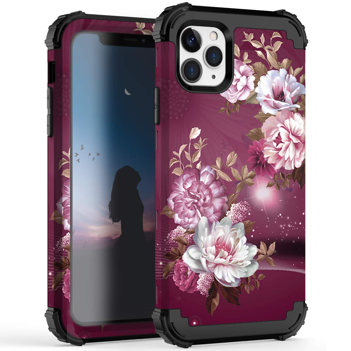 Hocase Shockproof Hybrid Case for iPhone 11 Pro Max (6.5 Inch) - Heavy Duty Protection with Soft Silicone & Hard Plastic Cover - Magenta Floral Design - Perfect for Outdoor Activities, Work & Daily Use