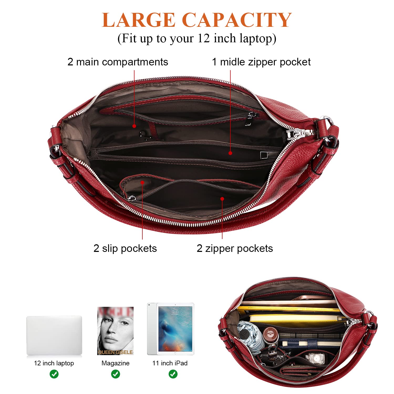 Genuine Leather Hobo Bags for Women - Soft Medium Shoulder Purse & Handbag - Perfect for Casual Outings, Work & Travel Accessories