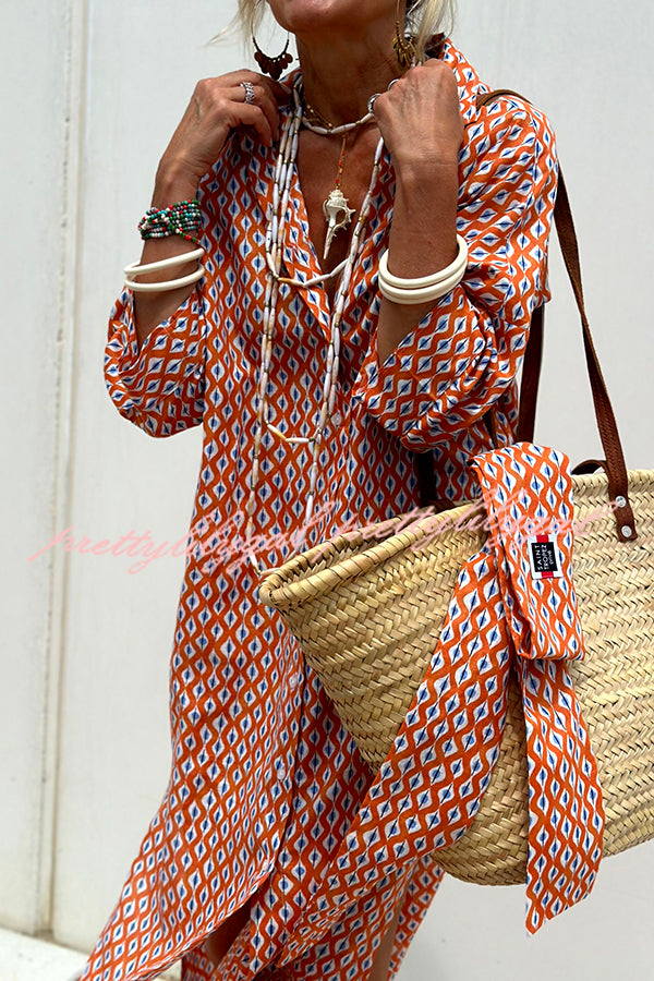 Summer Splendor Printed Button Half Sleeve Belt Loose Shirt Midi Dress - Flowy Boho Chic Outfit for Beach Vacation, Date Night & Casual Wear