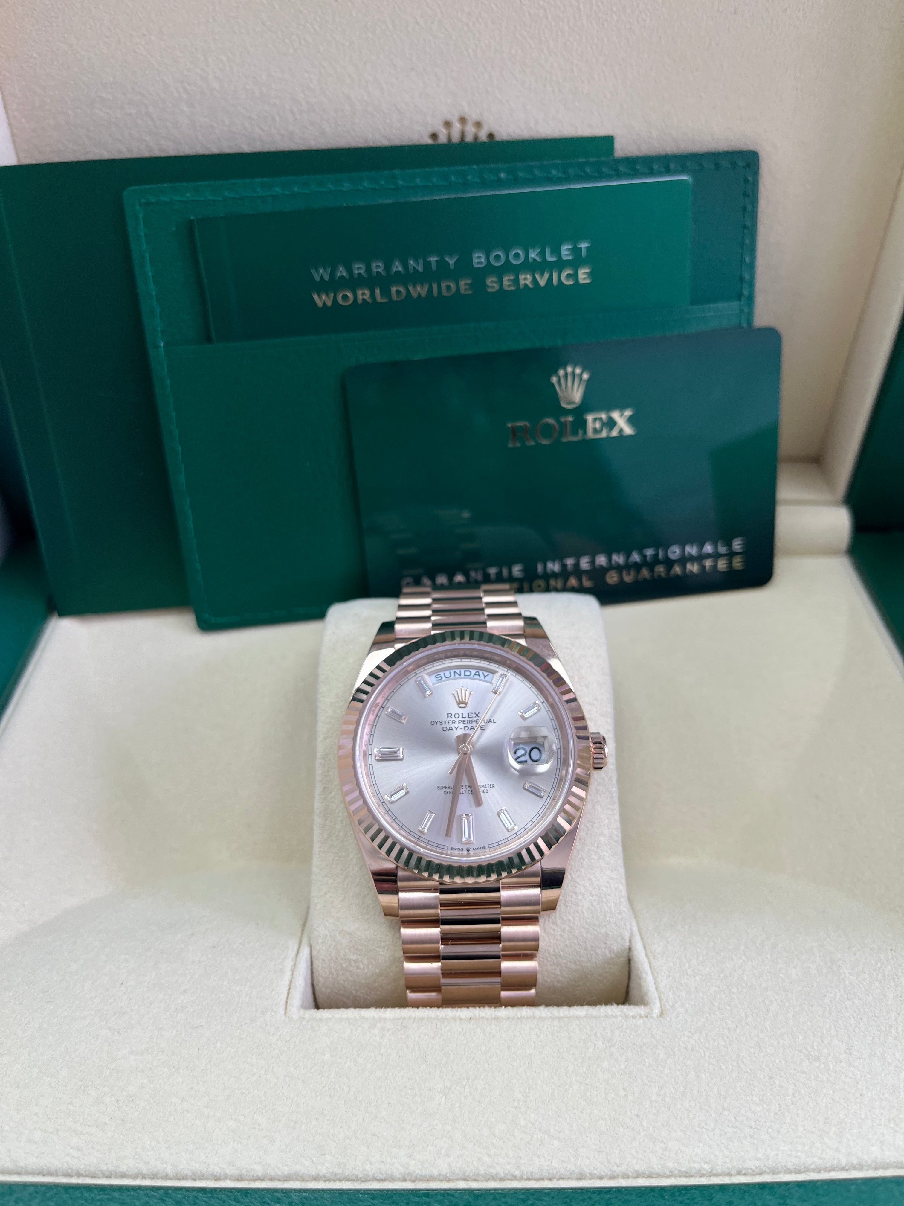 Rolex Day Date 40 Watch - 18K Yellow Gold, Fluted Bezel, Sundust Baguette Diamond Dial, President Bracelet 228235 | Luxury Dress Watch for Business & Formal Occasions