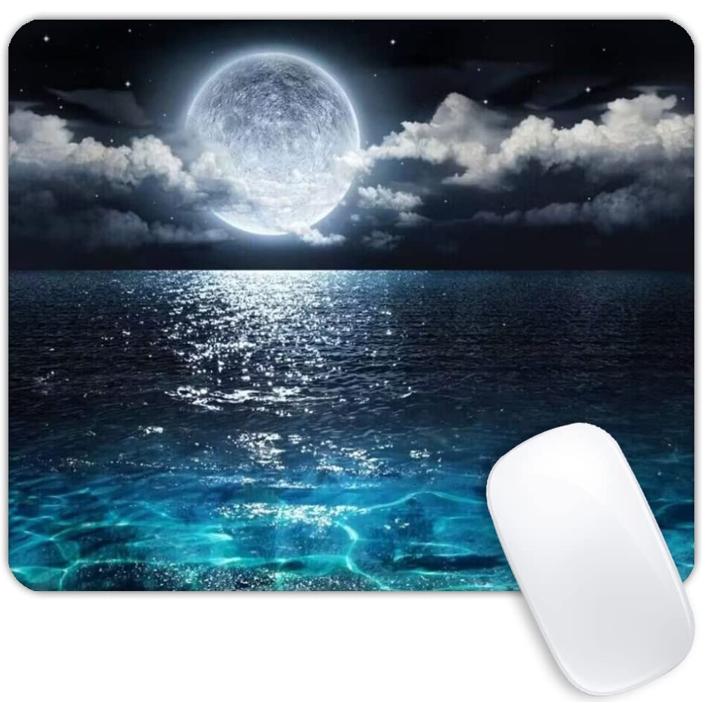 Custom Ocean and Moon Design Mouse Pad - Non-Slip Rubber Base Computer Mousepad for Laptop, PC, Office & Gaming Desk Accessories - Perfect for Work, Gaming & Home Office Use