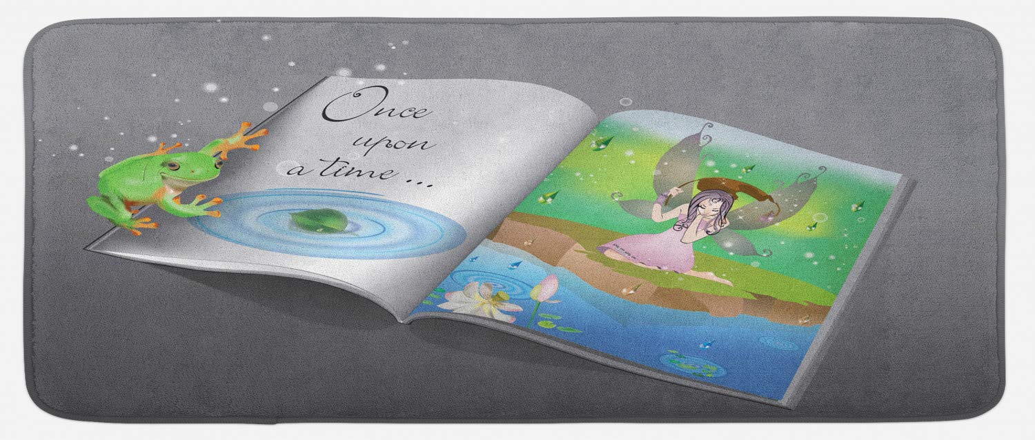 Ambesonne Non-Slip Plush Kitchen Mat - Cartoon Book Design with Words & Rain by Pond on Greyscale Backdrop, 47x19 Inch Multicolor Decorative Rug - Perfect for Kitchens, Bathrooms & Entryways