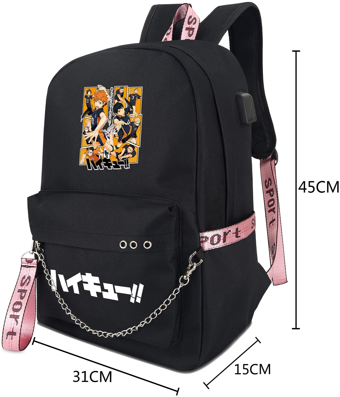 Roffatide Anime Haikyuu 15 Inch Laptop Backpack - Stylish Black Printed School Bag for Boys & Girls with USB Charging Port & Headphone Jack - Perfect for School, Travel & Daily Use