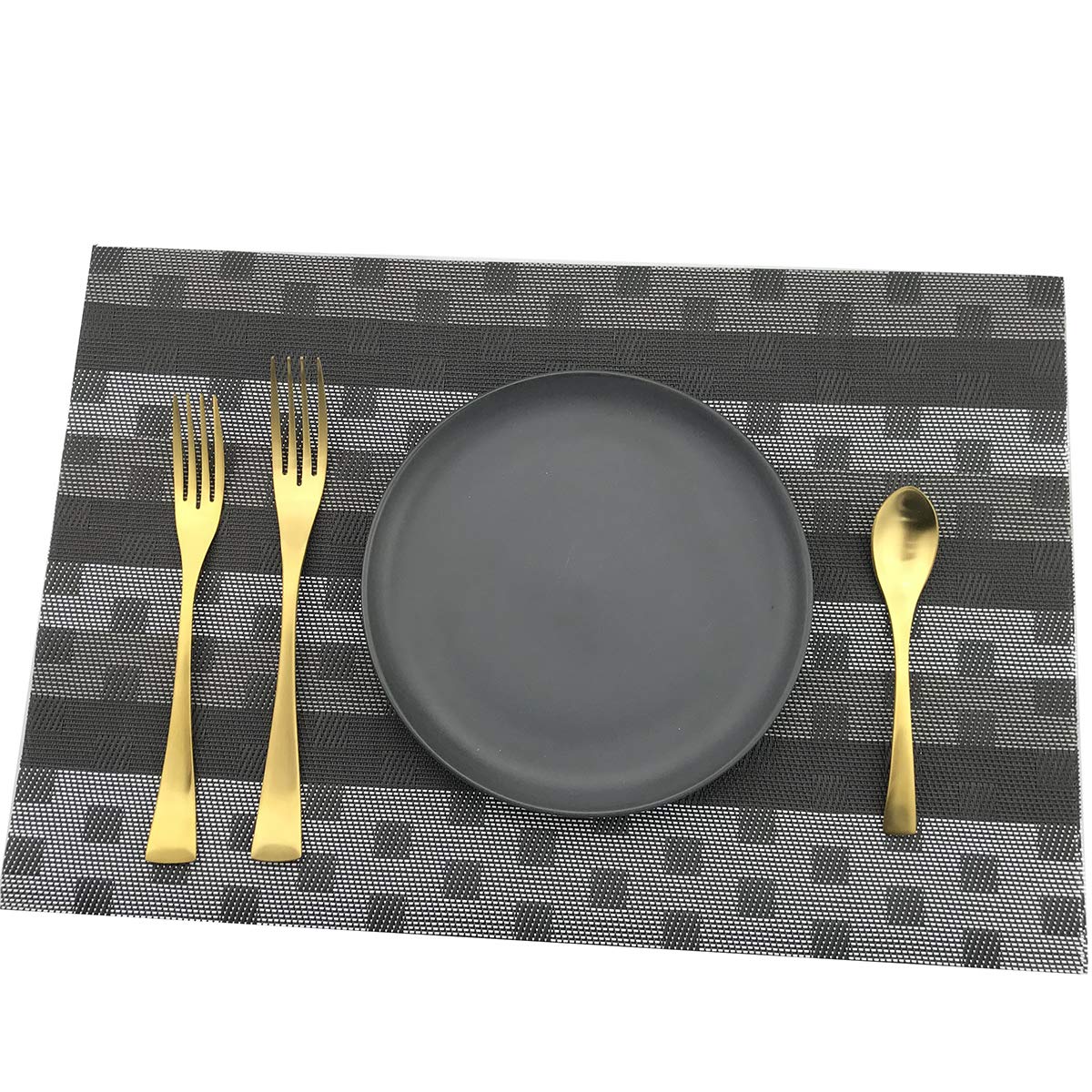 Premium Black PVC Placemats Set of 6 - Waterproof & Heat-Resistant Woven Vinyl Table Mats for Dining, Kitchen, and Party Decor - Elegant Place Settings for Everyday Use and Special Occasions