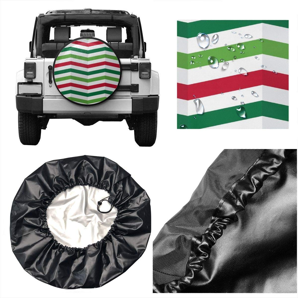 17 Inch Waterproof Spare Tire Cover - Green Red White Christmas Stripes Design for Trucks, SUVs & Jeeps | All-Weather Protection & Stylish Wheel Accessory (Perfect for Holiday Road Trips & Off-Road Adventures)