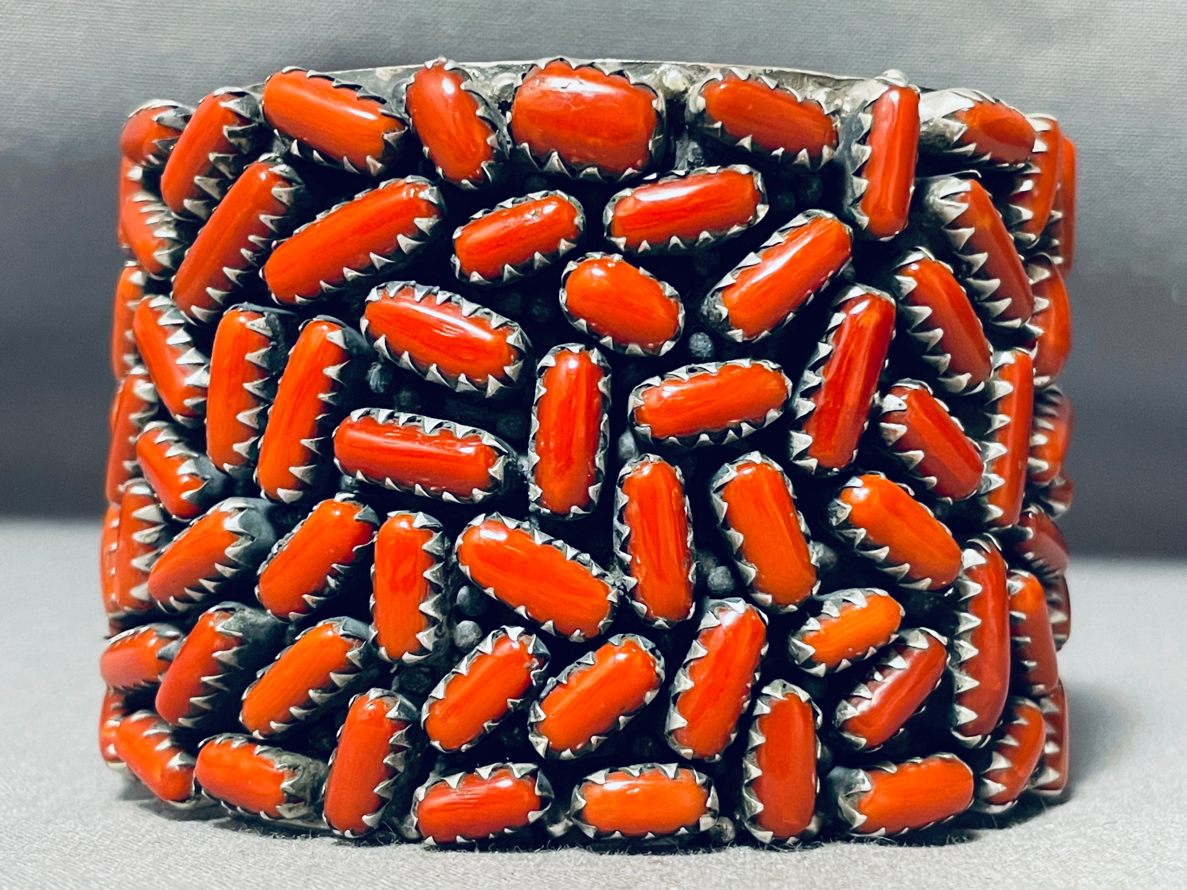 154 Gram Chunky Coral Native American Navajo Sterling Silver Wide Bracelet Cuff - Handmade Southwest Jewelry for Women, Boho Fashion Accessory, Perfect for Festivals & Special Occasions