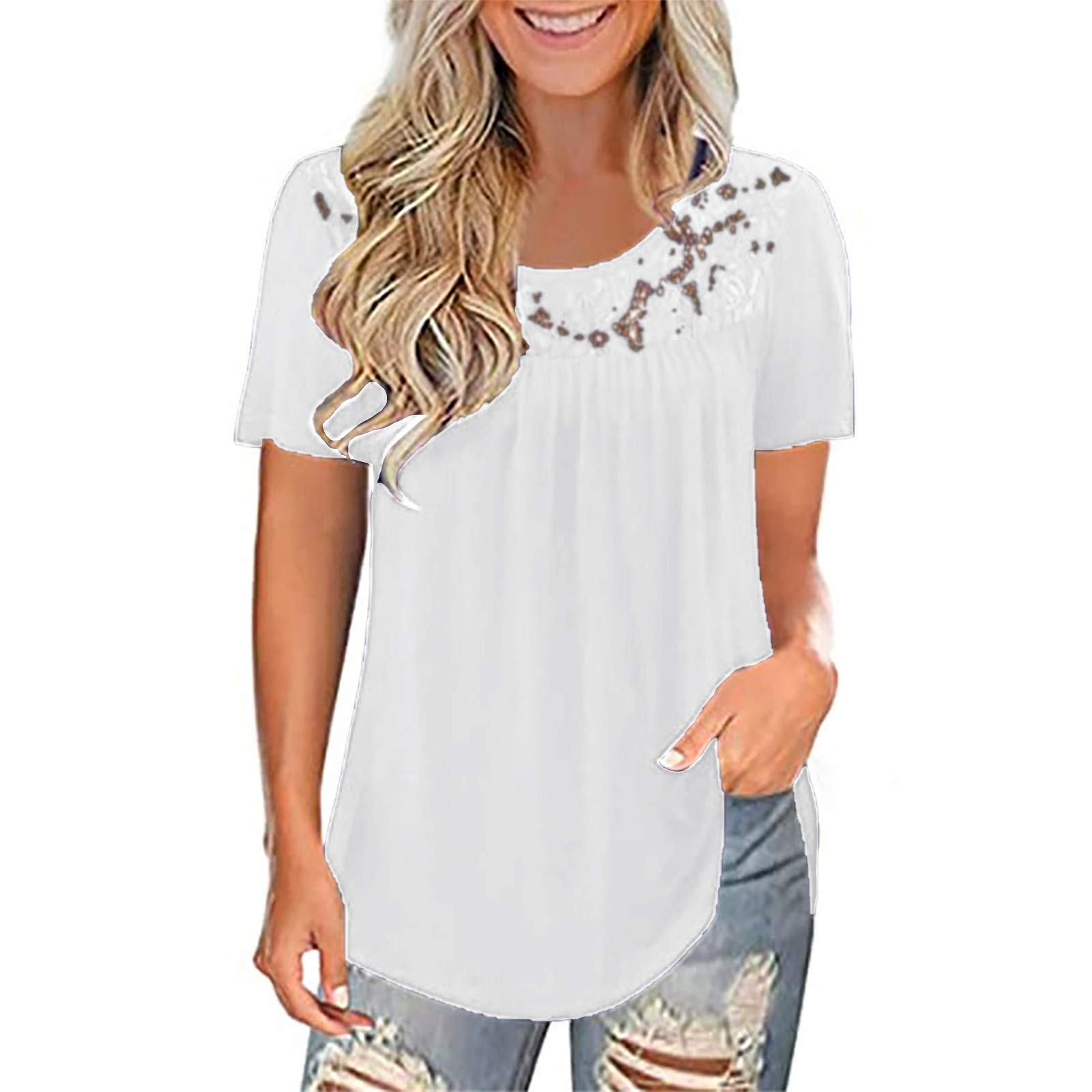 ZEFOTIM Women's Lace Tops - Summer Soft Solid Color Short Sleeve Blouse with O-Neck & Lace Detail | Perfect for Casual Wear, Office Outfits, and Date Nights