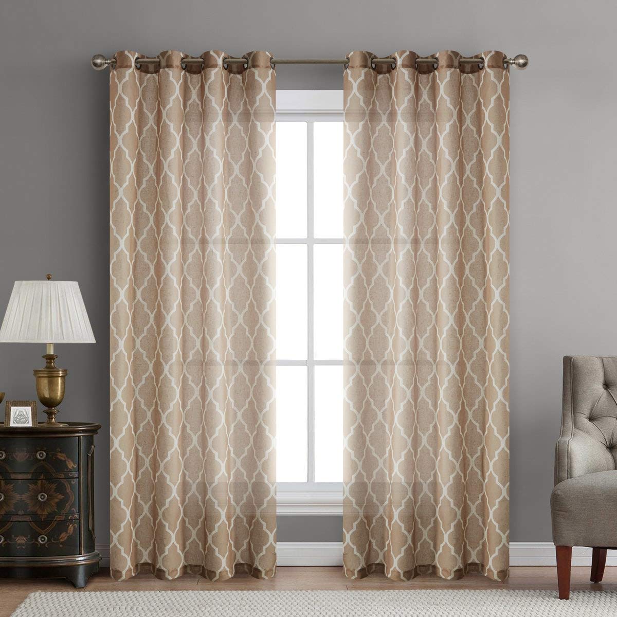 LoyoLady Taupe Linen Curtains 96 Inches Long - 2 Panels Set, Geometric Sheer Linen Drapes for Bedroom & Living Room - Grommet Top Blackout Window Curtains 72