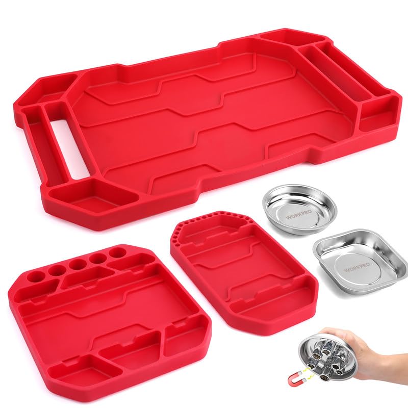 WORKPRO 5-Piece Non-Slip Tool Tray Set with 3 Silicone Organizers & 2 Magnetic Trays - Durable Tool Mat, Holder & Storage Solution for Mechanics, DIY & Workshop Organization