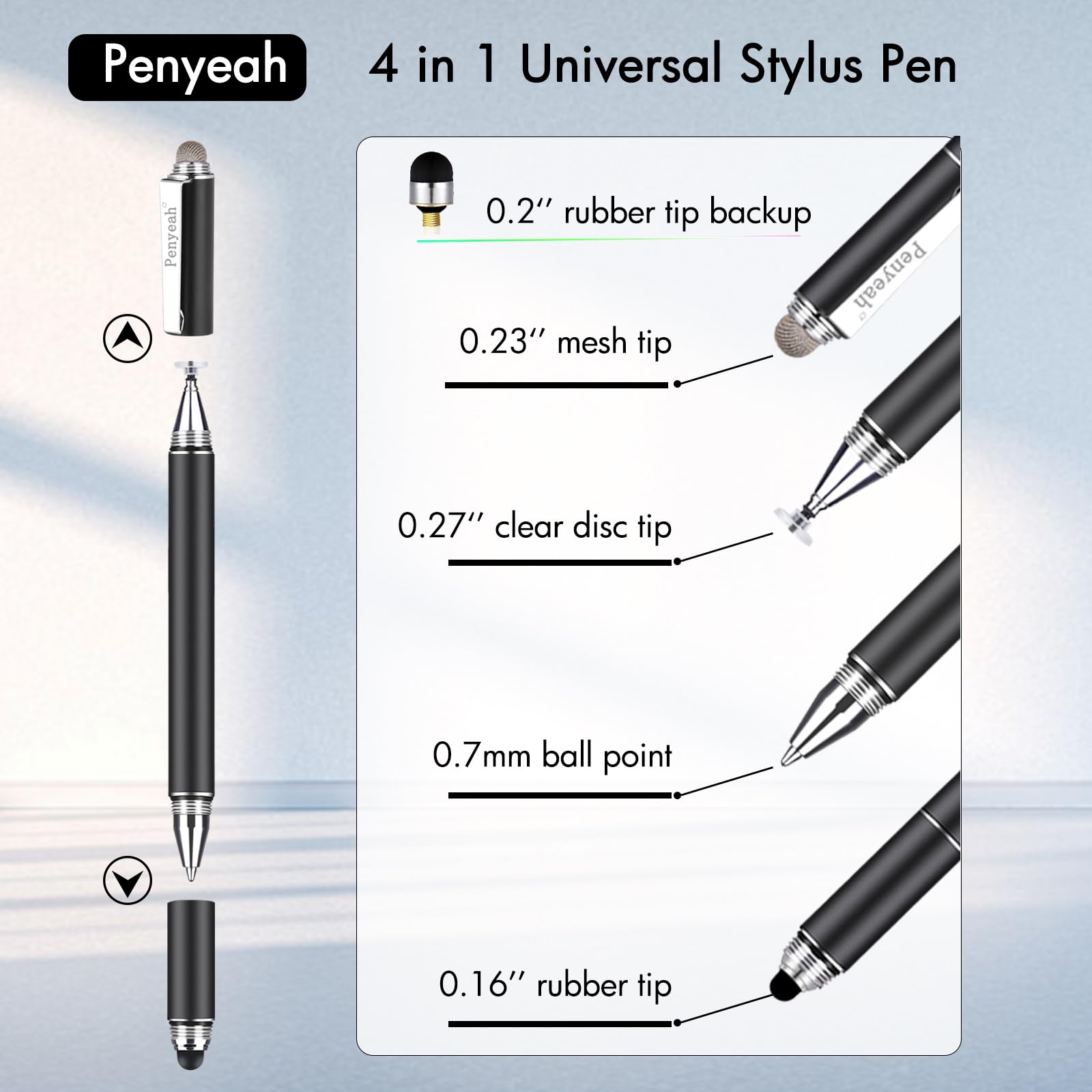 Penyeah 4-in-1 Stylus Pen for Touch Screens - High Precision Capacitive Stylus with 4 Replacement Tips, Compatible with iPhone, iPad, Tablets & Laptops (Black) - Perfect for Drawing, Note-Taking & Digital Art