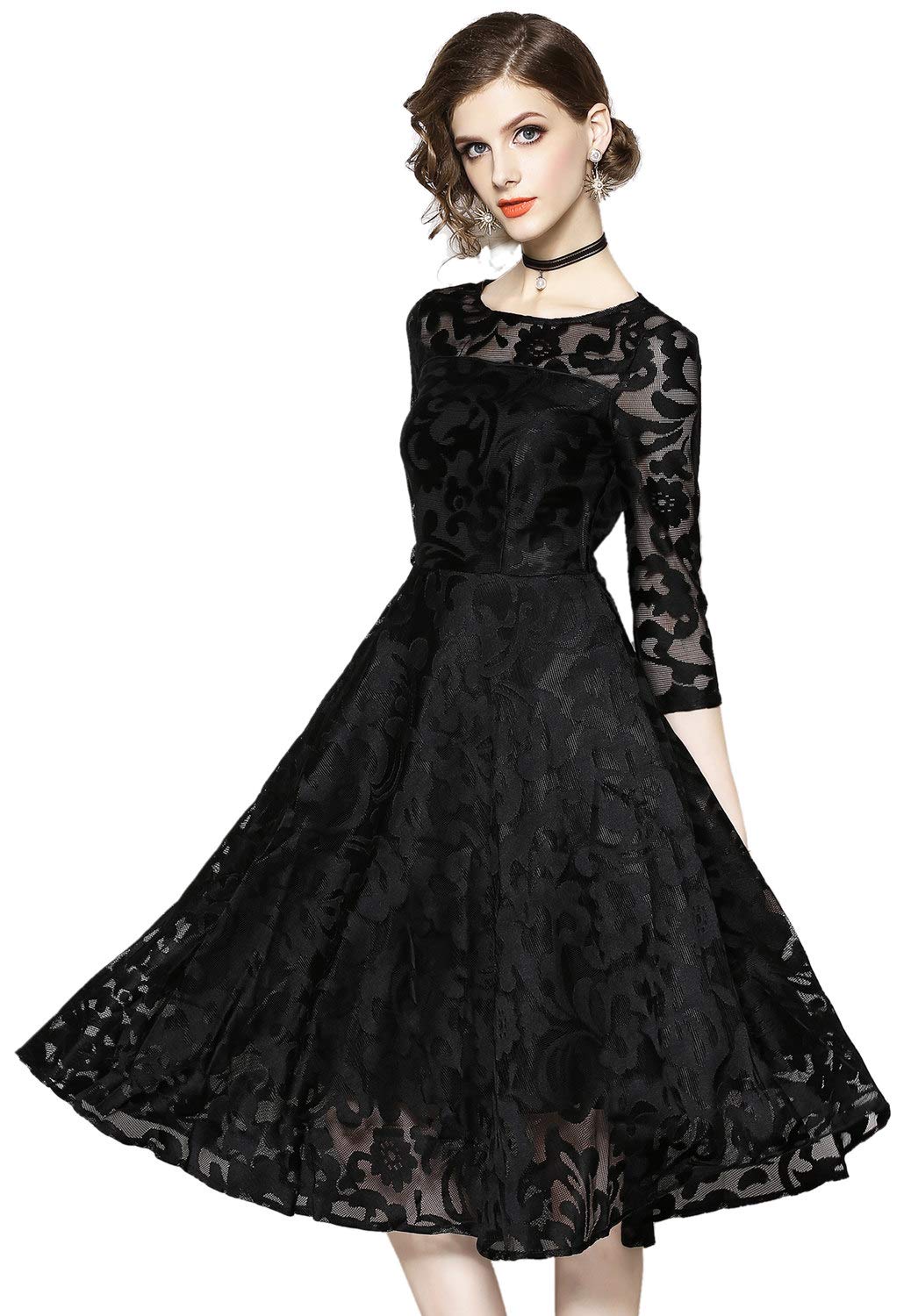 Vintage Floral Lace A-Line Midi Dress for Women - Spring Fall Formal Tea Swing Cocktail Party & Evening Wear | Perfect for Weddings, Date Nights, and Special Occasions