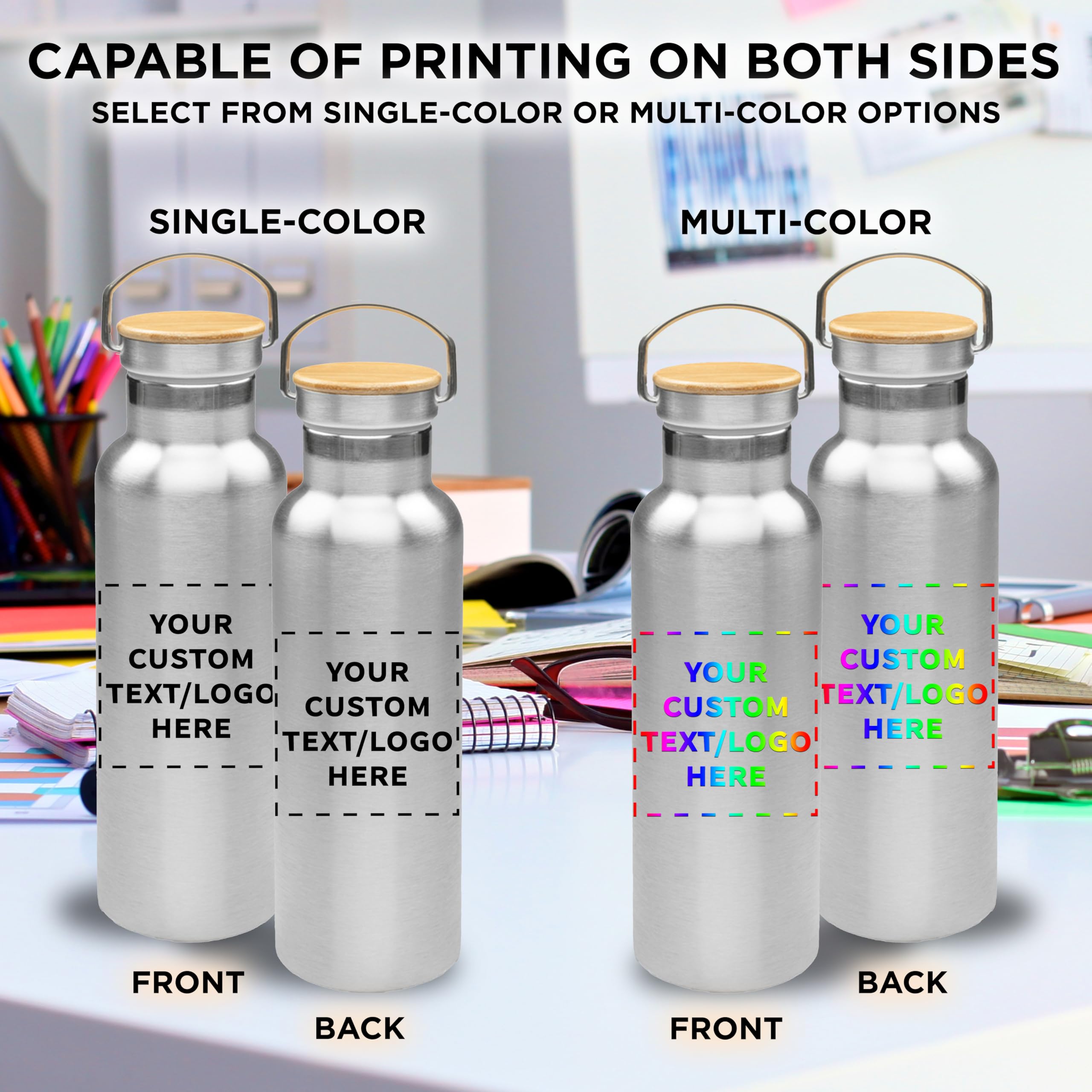 24 Pack Stainless Steel Water Bottles with Wooden Lid - 20 oz Double Wall Insulated, BPA Free, Spill Proof - Customizable Text & Logo (Silver) - Perfect for Office, Gym, Hiking and Outdoor Activities