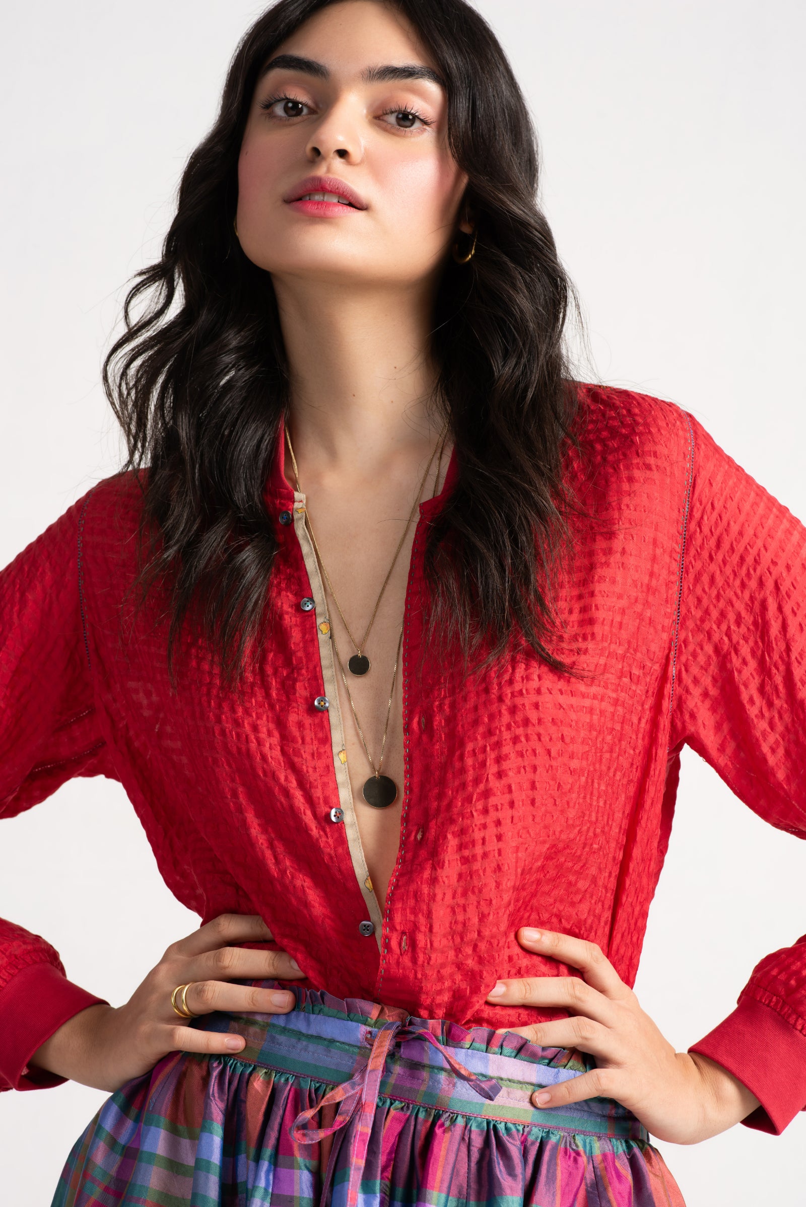 Classic Red Check Silk Shirt for Men & Women - Elegant & Comfortable Formal Wear for Office, Parties & Special Occasions