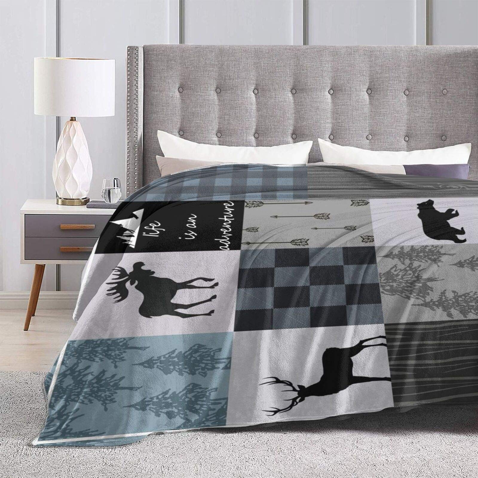 Rustic Lodge Bear Moose Fleece Throw Blanket - Ultra Soft Adventure Tartan Plaid Thermal Blanket for Home, Office, Camping & Car - Cozy Gift for Noon Break & Outdoor Adventures