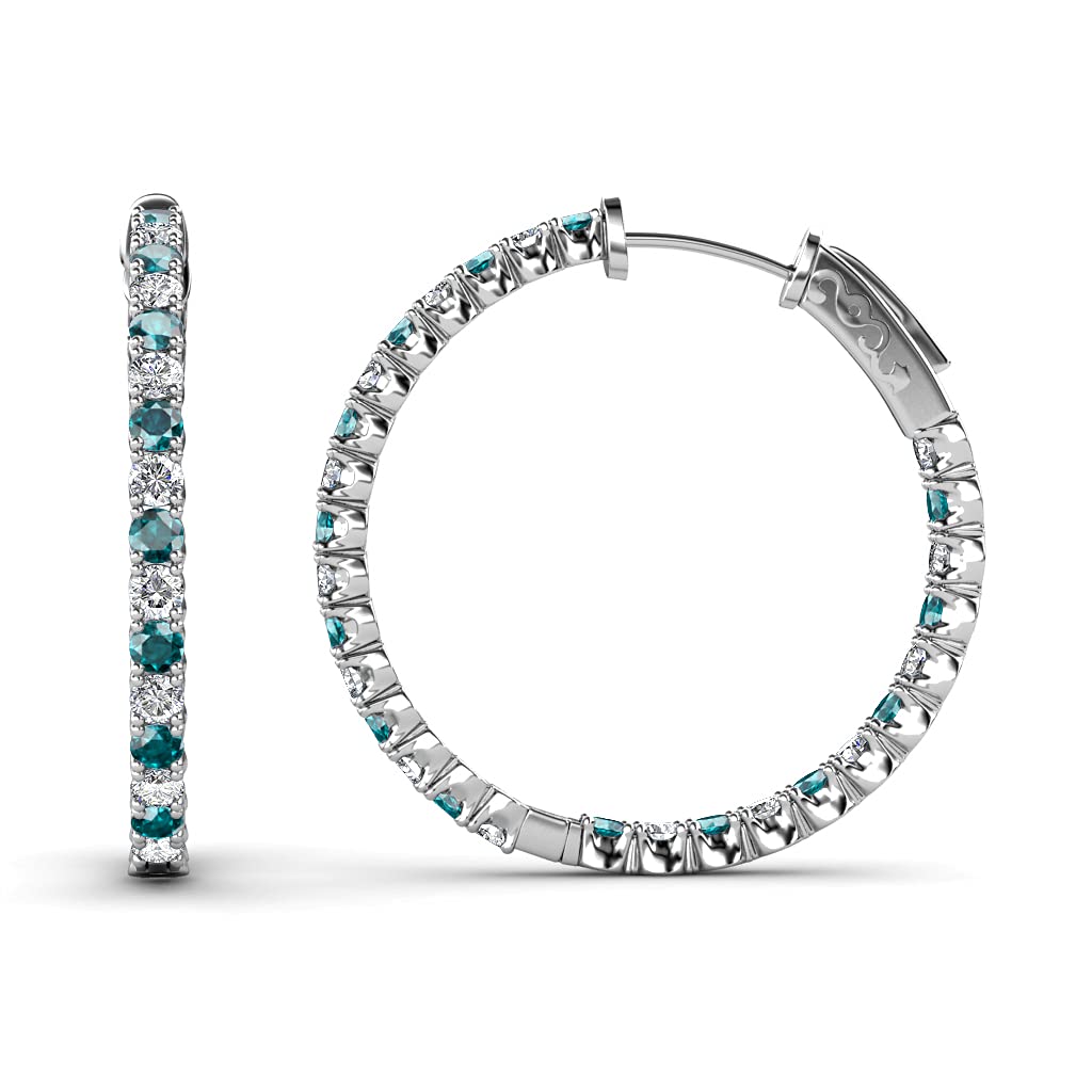 14K White Gold London Blue Topaz & Natural Diamond Inside-Out Hoop Earrings 1.43 CTW - Elegant Jewelry for Weddings, Parties & Special Occasions