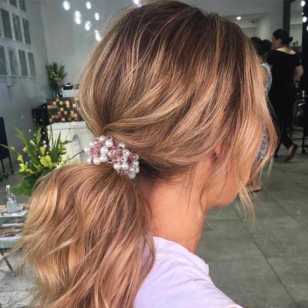 BARTOSI Pearl Hair Ties - Elegant White Beaded Ponytail Holders with Rhinestones | Soft Elastic Hair Scrunchies for Women & Girls (3-Pack) | Perfect for Weddings, Parties & Everyday Hairstyles