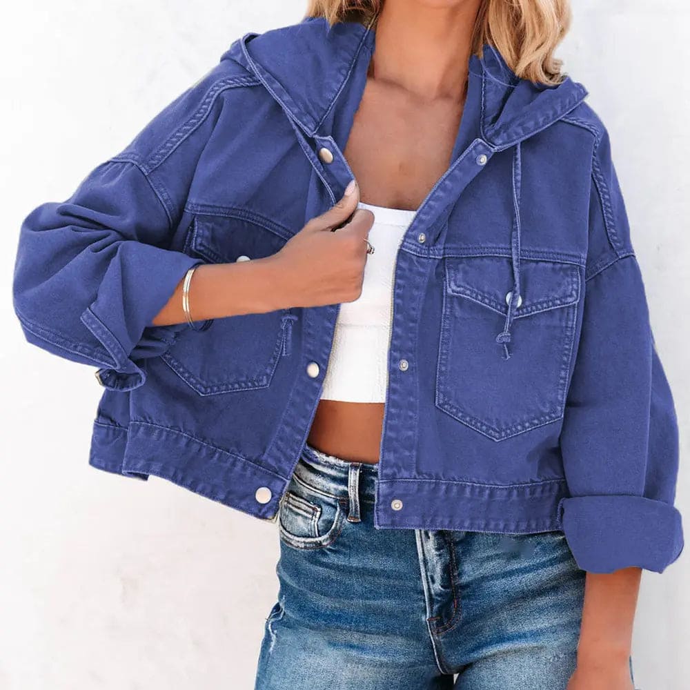 Trendy Hooded Dropped Shoulder Denim Jacket for Women - Distressed Oversized Denim Coat with Pockets - Perfect for Casual Outfits, Streetwear & Fall Layering