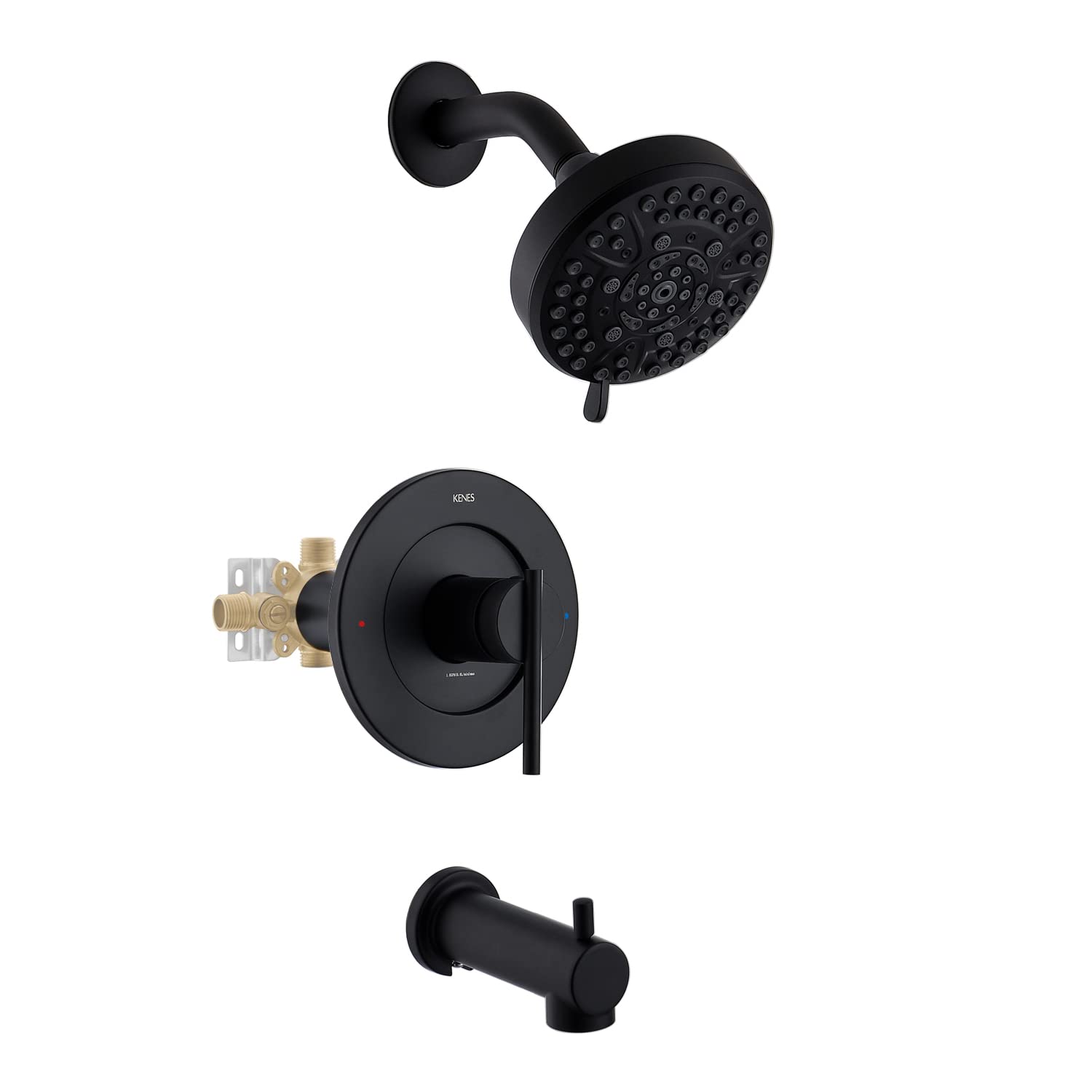 Kenes Matte Black Shower Faucet Set with Tub Spout - Modern Single Handle 10-Spray Shower System with Wall Mount Trim (Includes Shower Valve) - Perfect for Bathroom Renovation & Luxury Spa Experience
