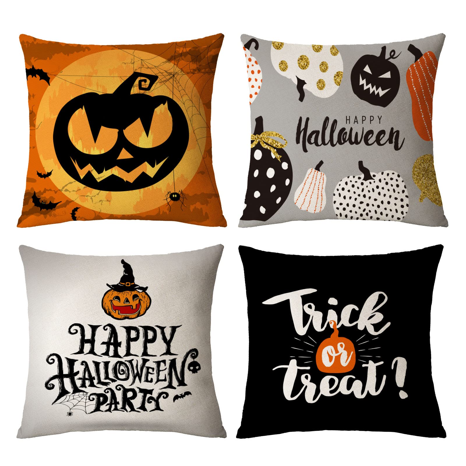 Spooky Halloween Throw Pillow Covers Set of 4 - 20x20 Inch Decorative Fall Pillowcases with Scary Pumpkin & Bat Designs for Sofa, Couch, Bed - Perfect for Indoor & Outdoor Halloween Decorations, Party, Haunted House Theme