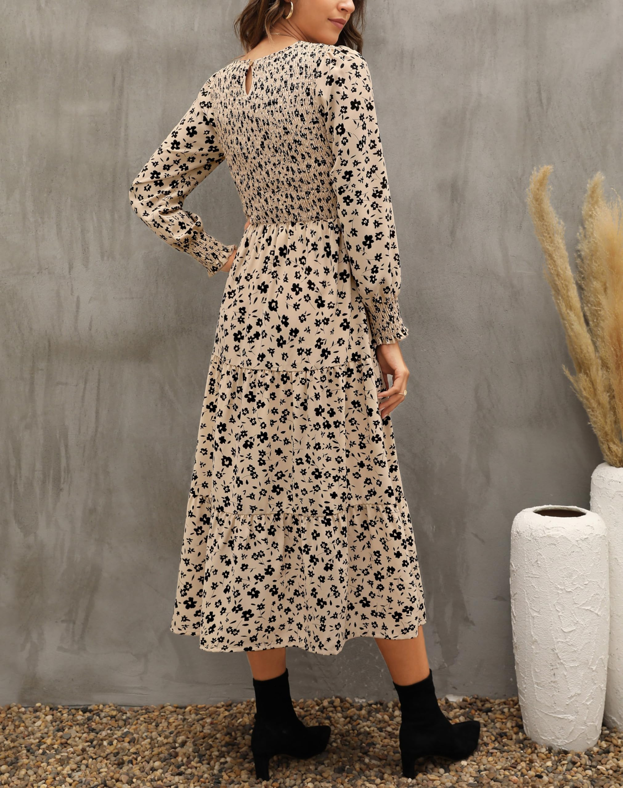Zattcas Women's Fall Dresses 2025 - Long Sleeve Boho Floral Midi Dress with Smocked Waist & Pockets | Casual Wedding Guest Outfit, Autumn Layering Piece for Parties & Date Nights